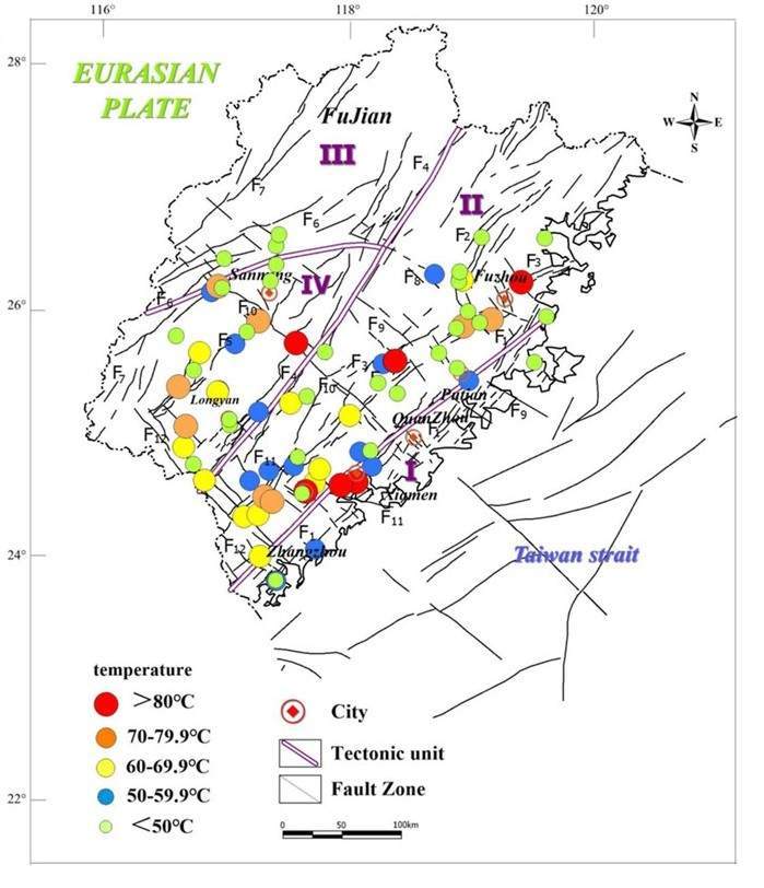 Map showing hot spring locations and fault zones across Fujian province, China, with temperature ranges indicated by colour.